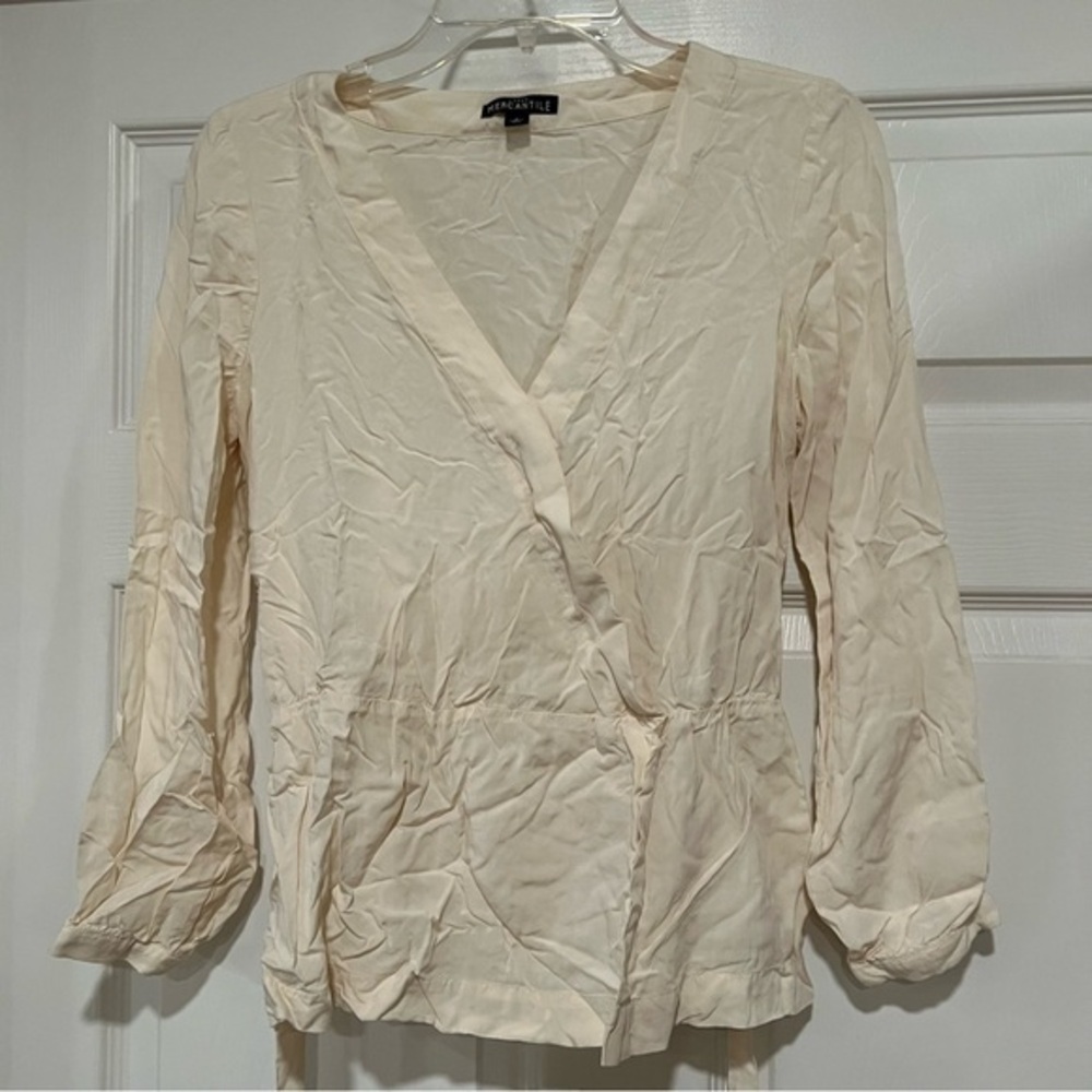 J Crew Mercantile Cream Viscose Long sleeve Blouse with Peplum &‎ Tie Waist #C25